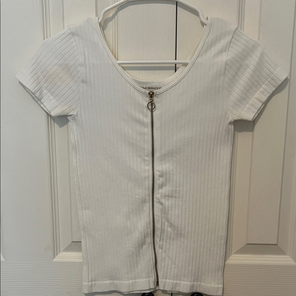 White Ribbed Zip-Up Crop Top